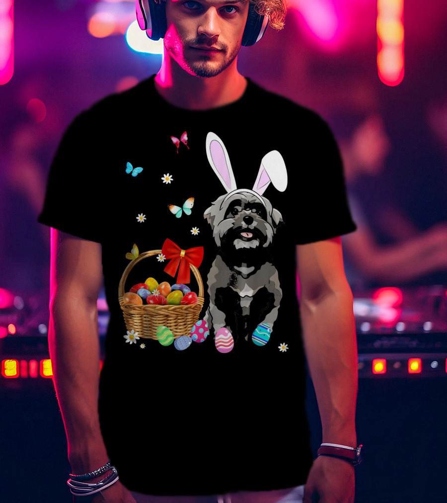 Shih Tzu With Bunny Ears And Easter Egg Basket With Butterflies And Flowers T-Shirt
