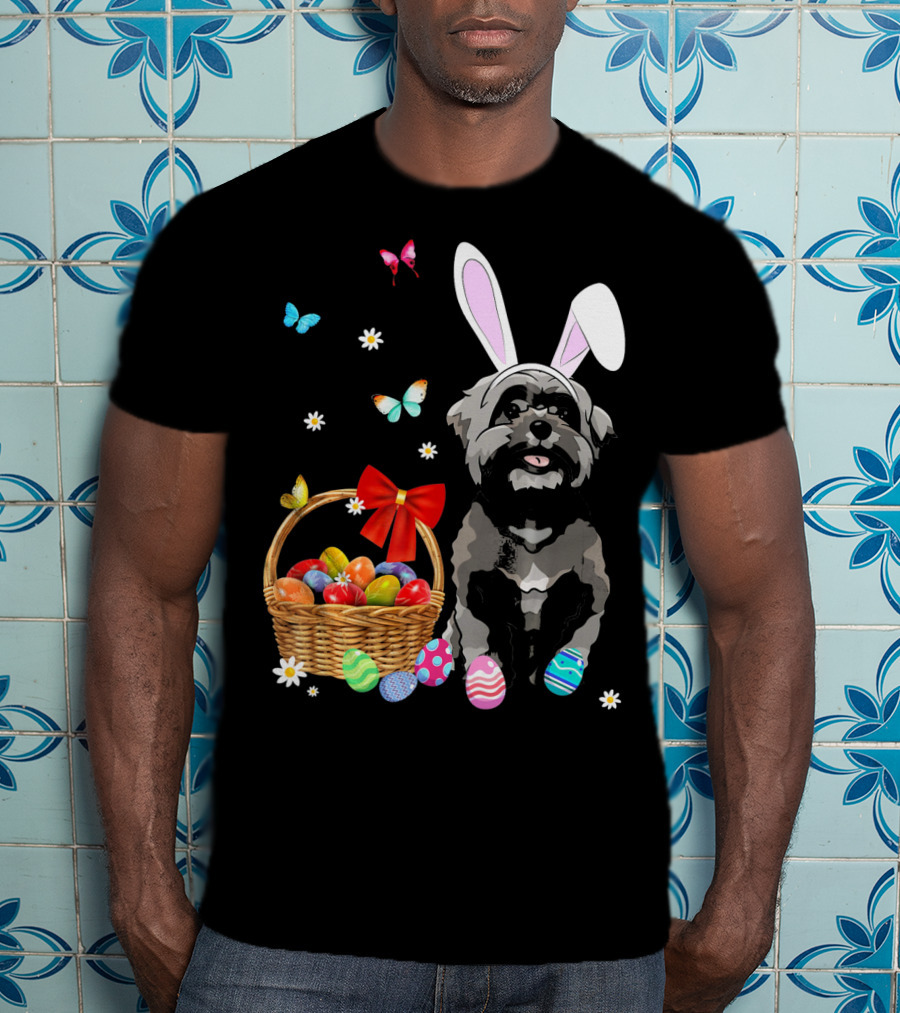Shih Tzu With Bunny Ears And Easter Egg Basket With Butterflies And Flowers T-Shirt