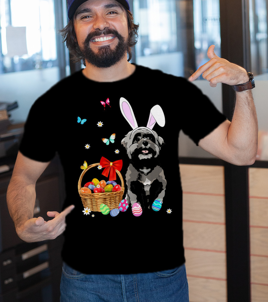 Shih Tzu With Bunny Ears And Easter Egg Basket With Butterflies And Flowers T-Shirt