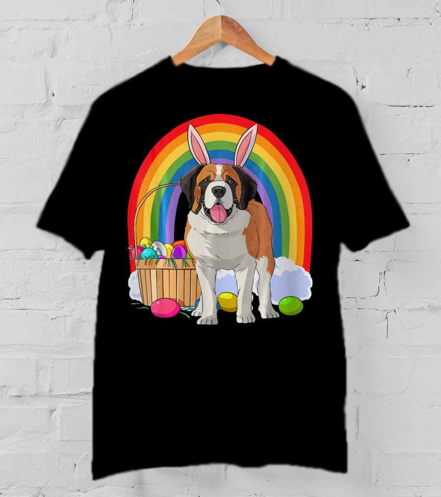 Saint Bernard Bunny Dog With Easter Eggs And Rainbow T-Shirt