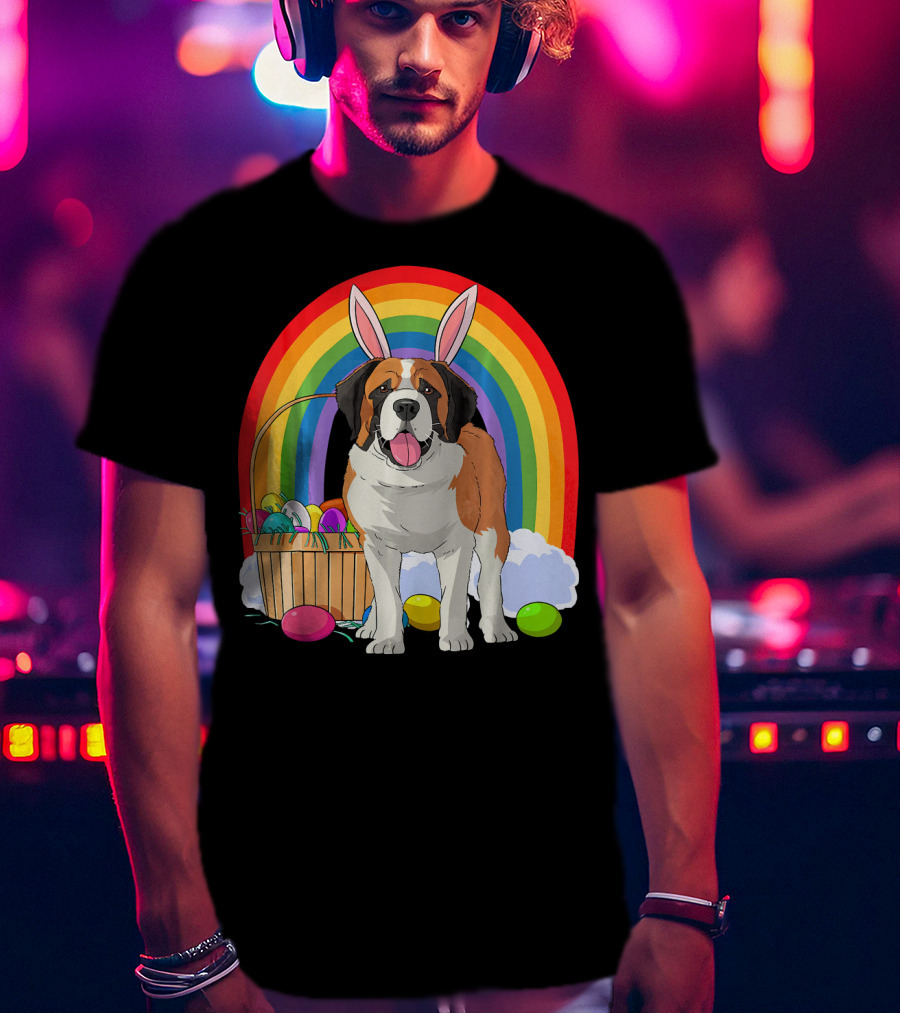 Saint Bernard Bunny Dog With Easter Eggs And Rainbow T-Shirt