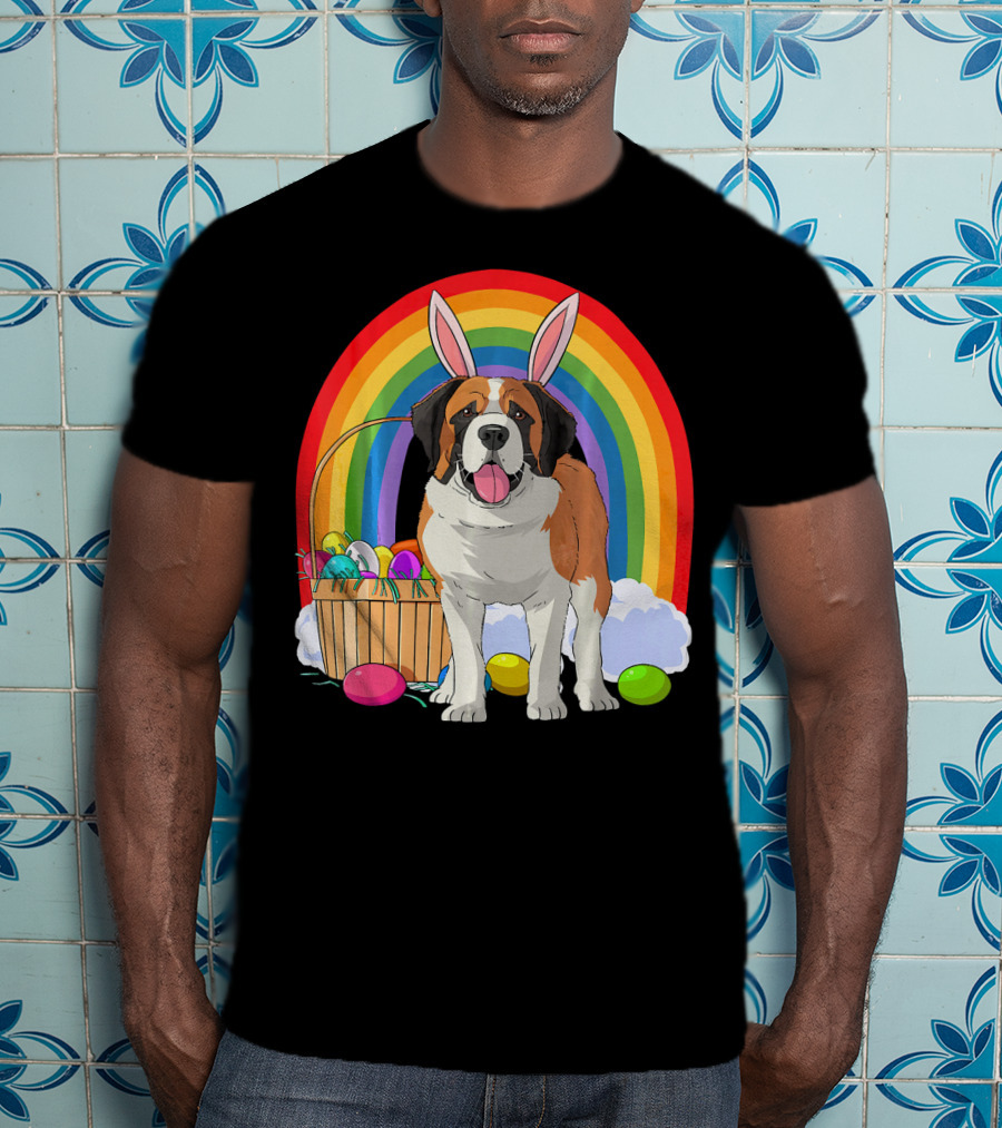 Saint Bernard Bunny Dog With Easter Eggs And Rainbow T-Shirt