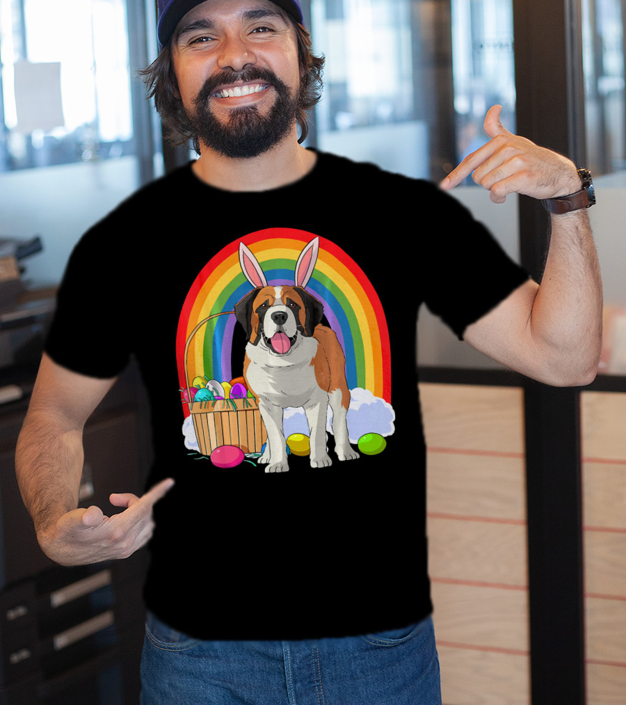 Saint Bernard Bunny Dog With Easter Eggs And Rainbow T-Shirt