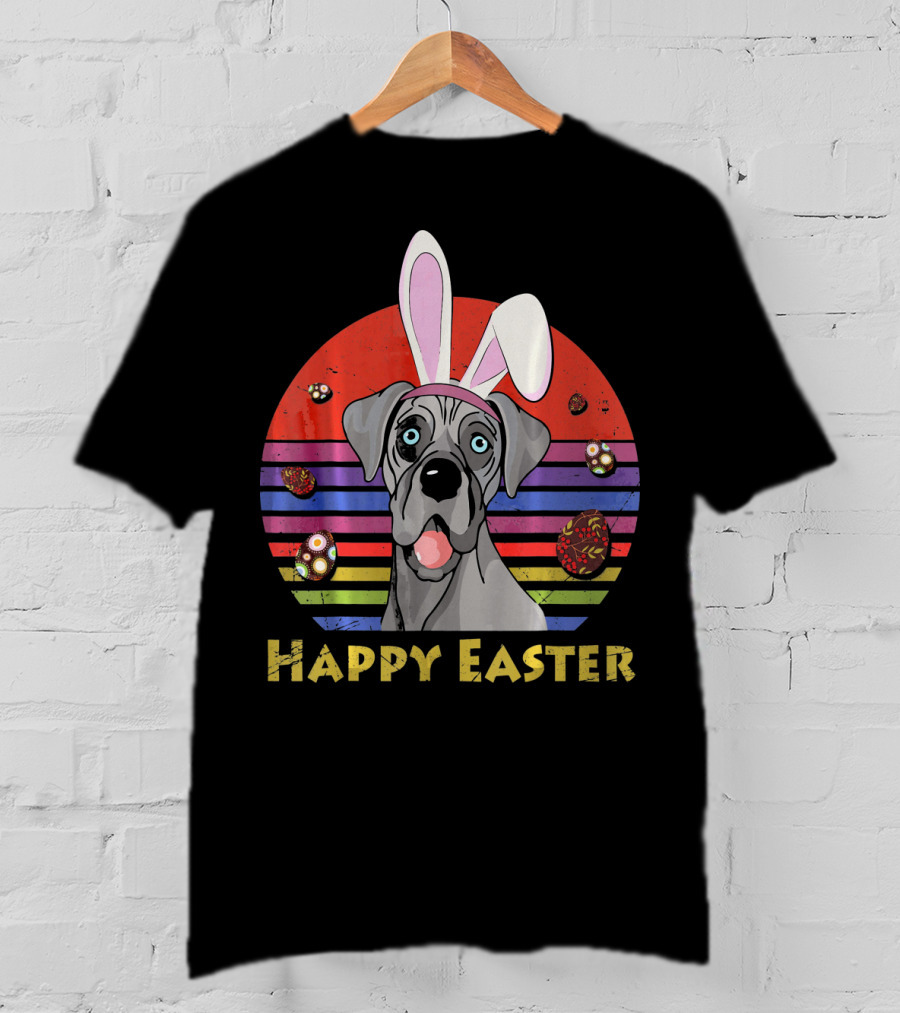 Great Dane With Bunny Headband Happy Easter Stripes And Eggs T-Shirt