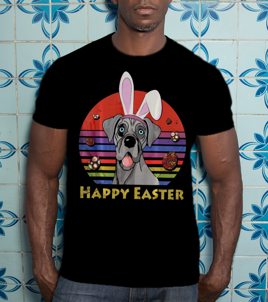 Great Dane With Bunny Headband Happy Easter Stripes And Eggs T-Shirt