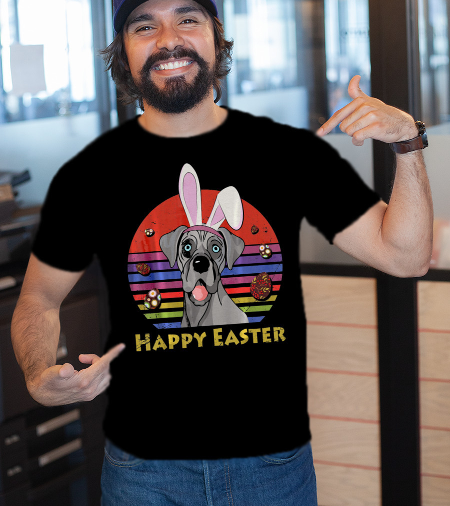 Great Dane With Bunny Headband Happy Easter Stripes And Eggs T-Shirt