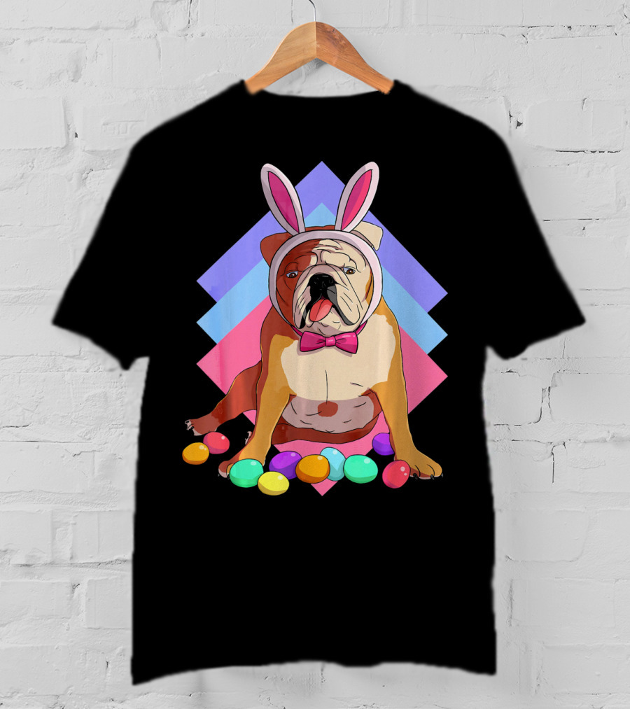 Easter Eggs Bulldog With Bunny Ears And Bowtie T-Shirt