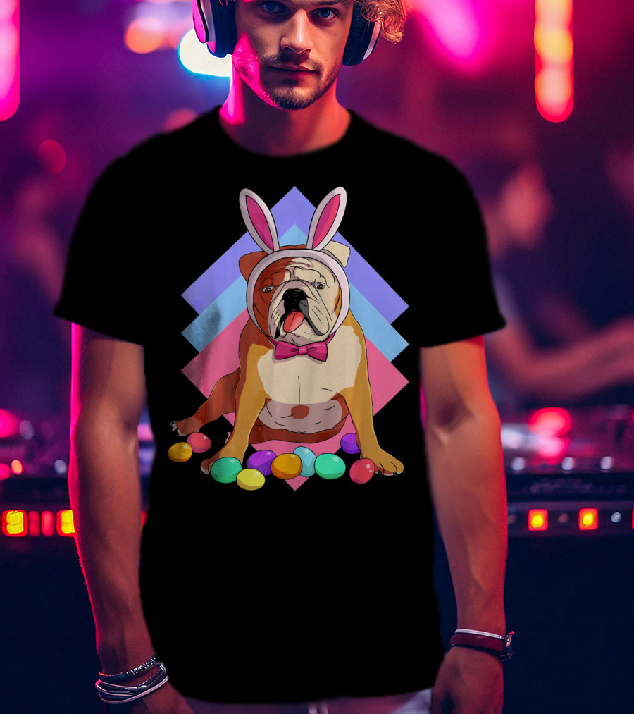 Easter Eggs Bulldog With Bunny Ears And Bowtie T-Shirt