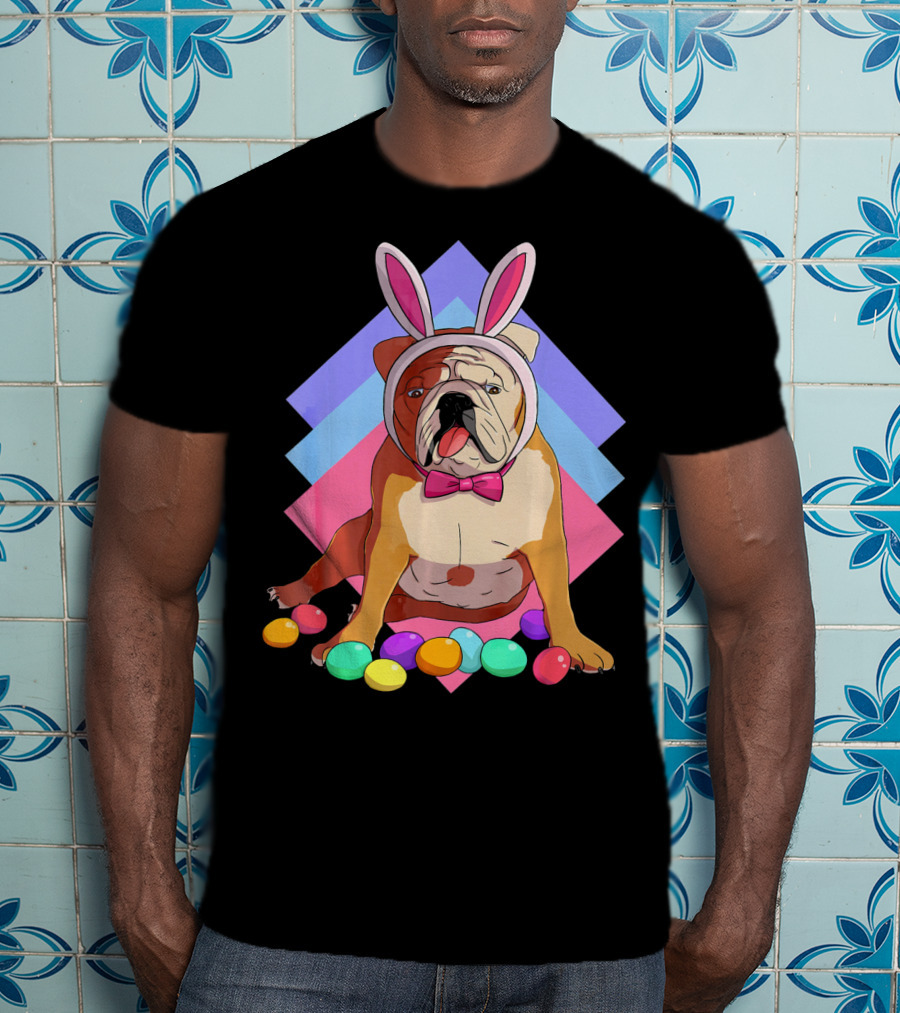 Easter Eggs Bulldog With Bunny Ears And Bowtie T-Shirt