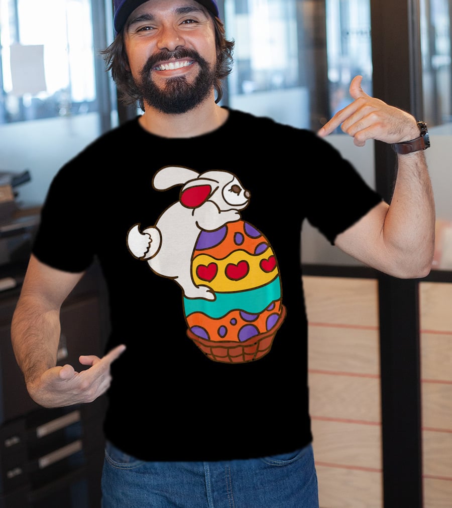 Easter Bunny Hugging Colorful Heart Patterned Egg T-Shirt