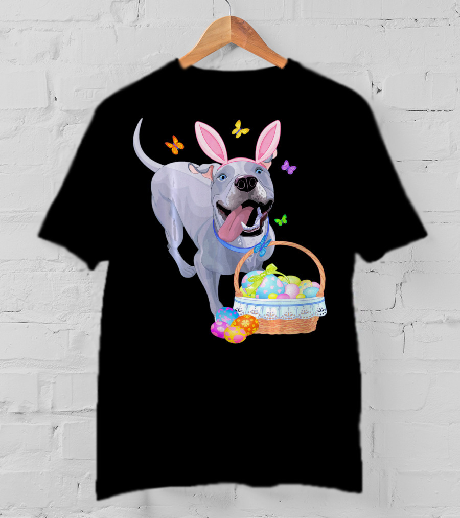 Gray Pit Bull Puppy With Bunny Ears And Easter Basket T-Shirt