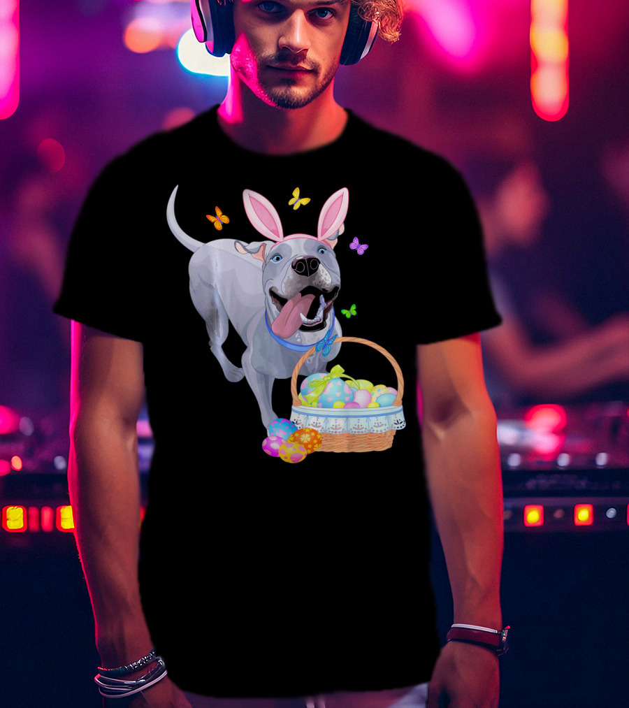 Gray Pit Bull Puppy With Bunny Ears And Easter Basket T-Shirt