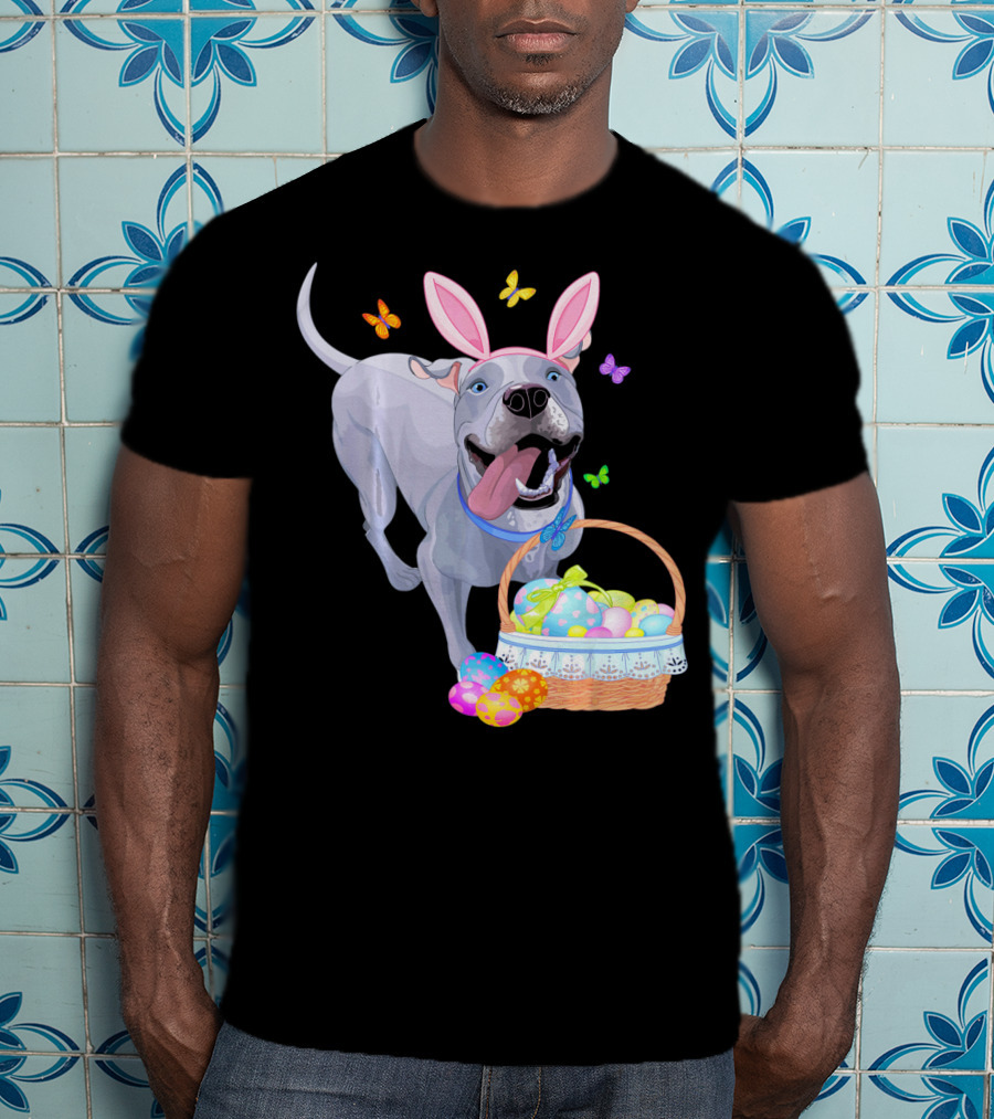 Gray Pit Bull Puppy With Bunny Ears And Easter Basket T-Shirt