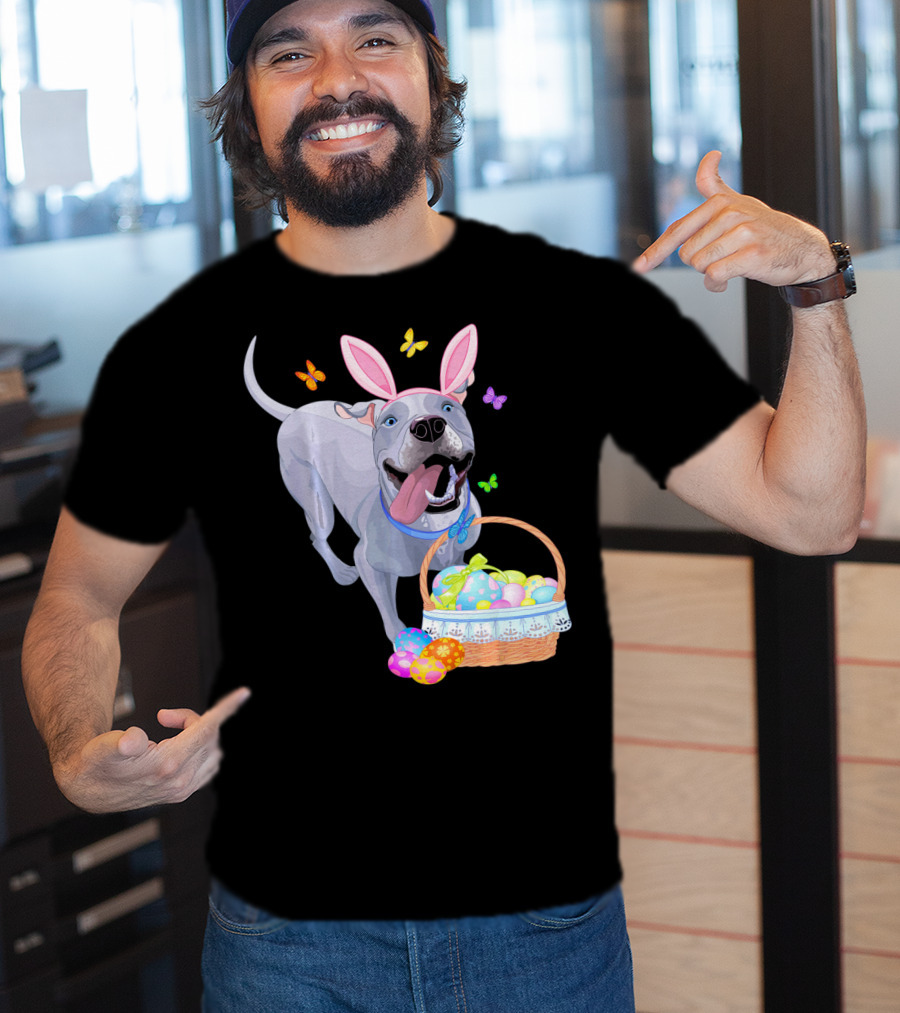 Gray Pit Bull Puppy With Bunny Ears And Easter Basket T-Shirt