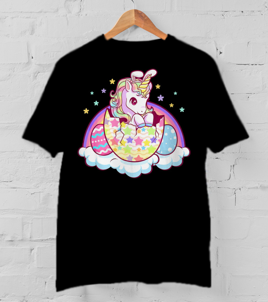 Easter Unicorn Hatching From Egg With Rainbow And Stars T-Shirt