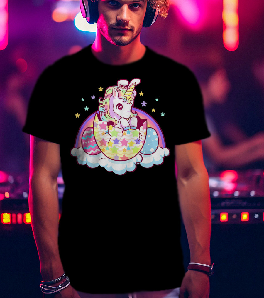 Easter Unicorn Hatching From Egg With Rainbow And Stars T-Shirt