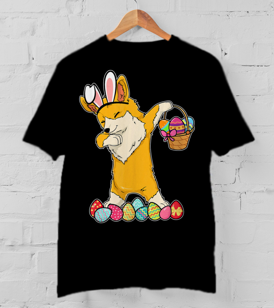Corgi Dabbing Easter Basket Bunny Ears Eggs T-Shirt