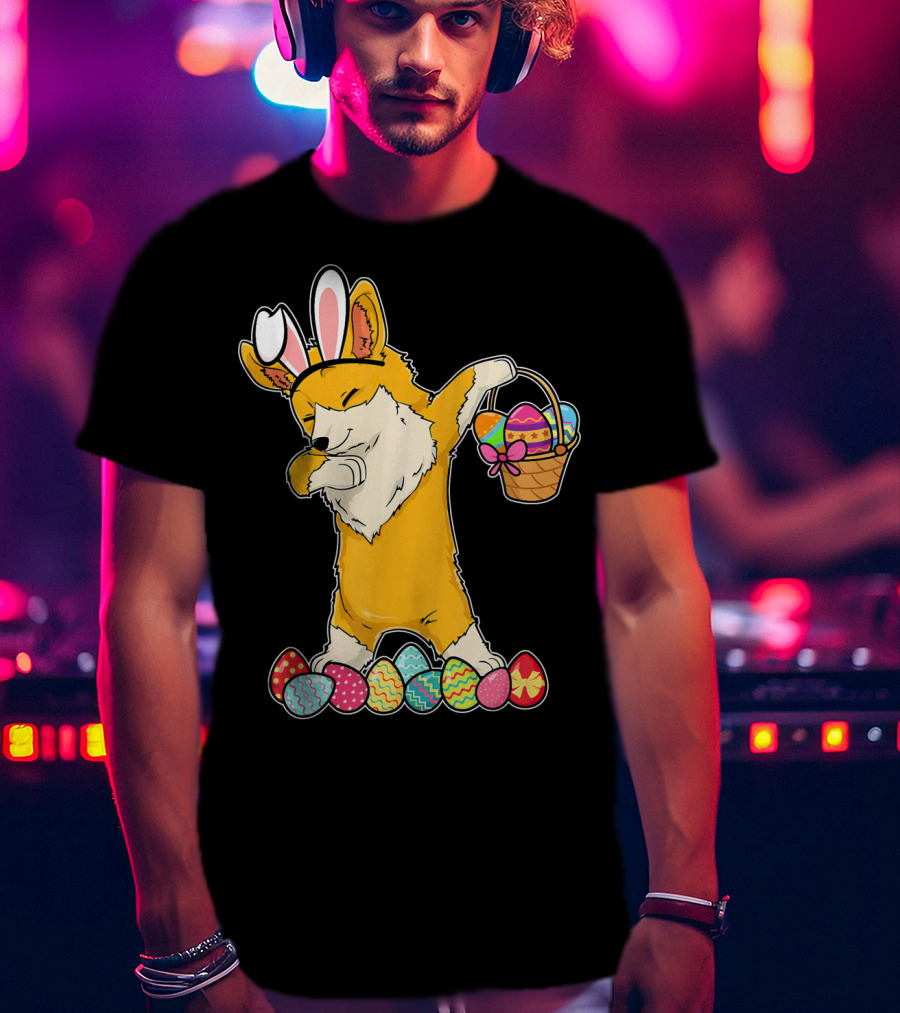 Corgi Dabbing Easter Basket Bunny Ears Eggs T-Shirt