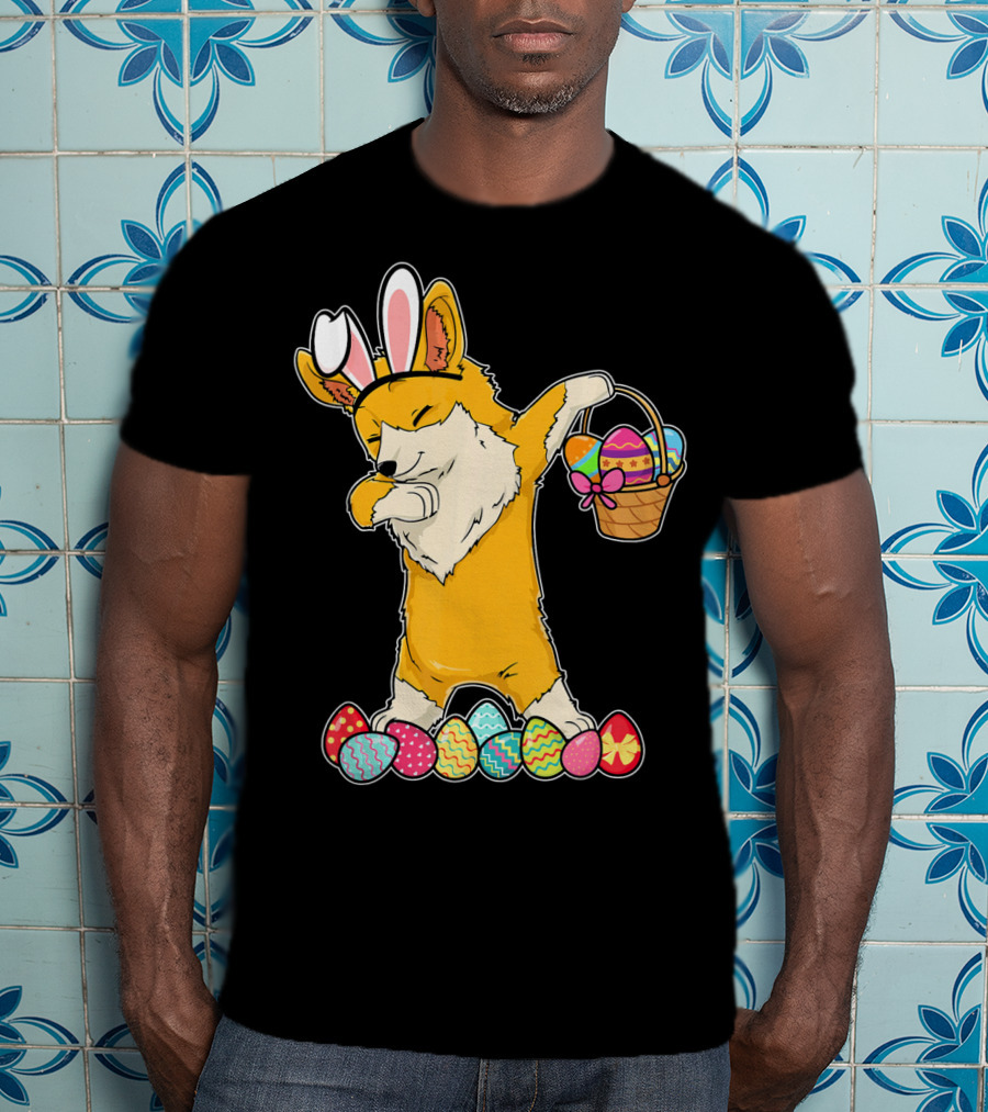 Corgi Dabbing Easter Basket Bunny Ears Eggs T-Shirt