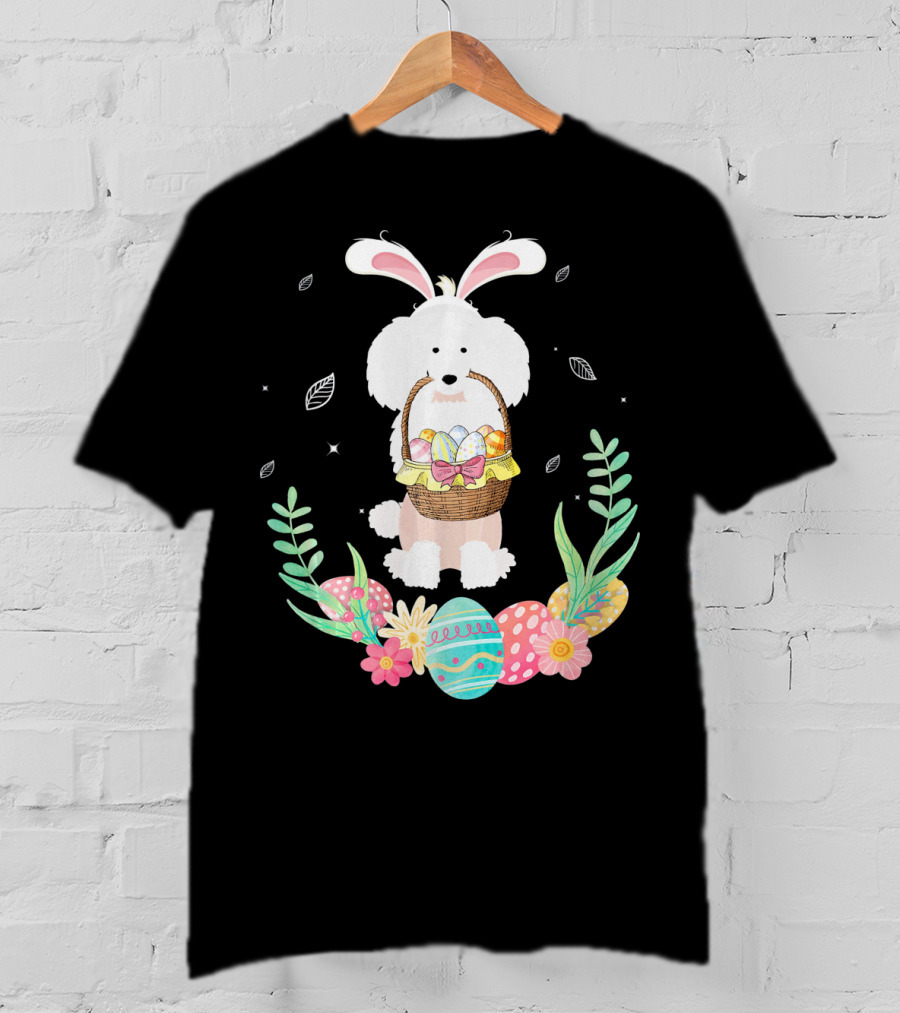 Poodle Bunny Ears Easter Egg Basket Spring Leaves T-Shirt
