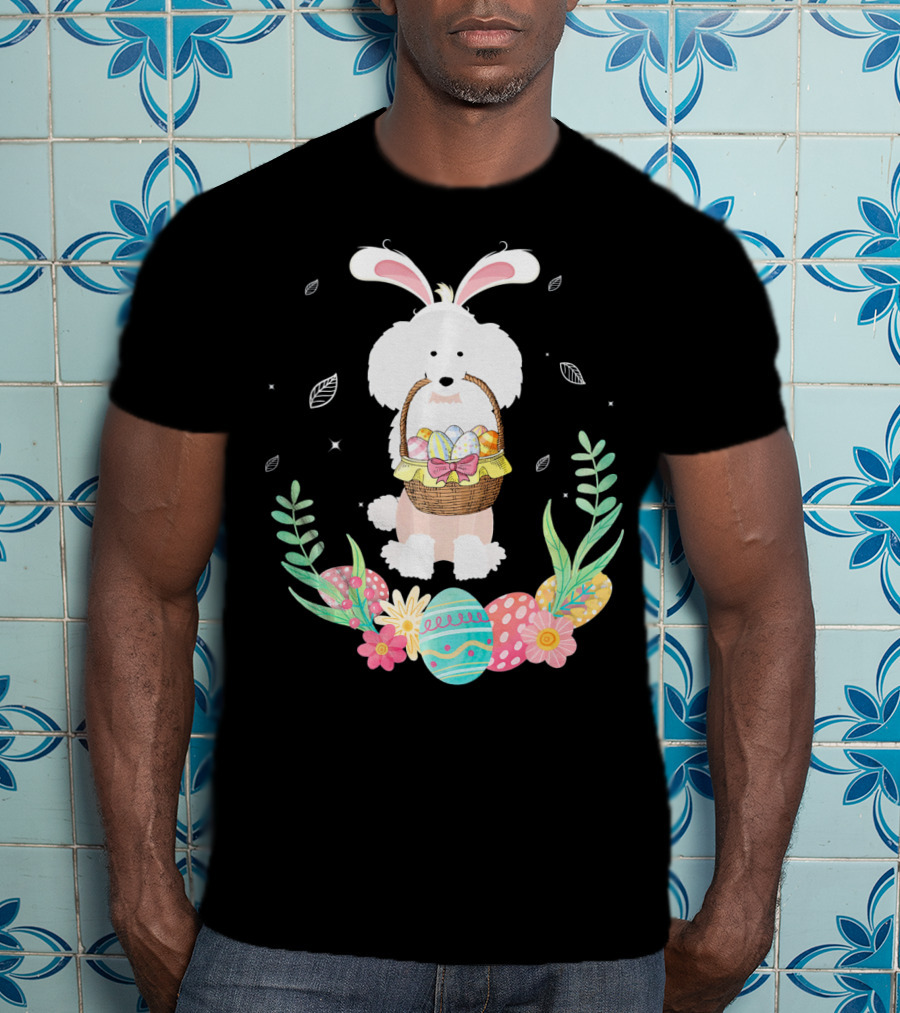 Poodle Bunny Ears Easter Egg Basket Spring Leaves T-Shirt