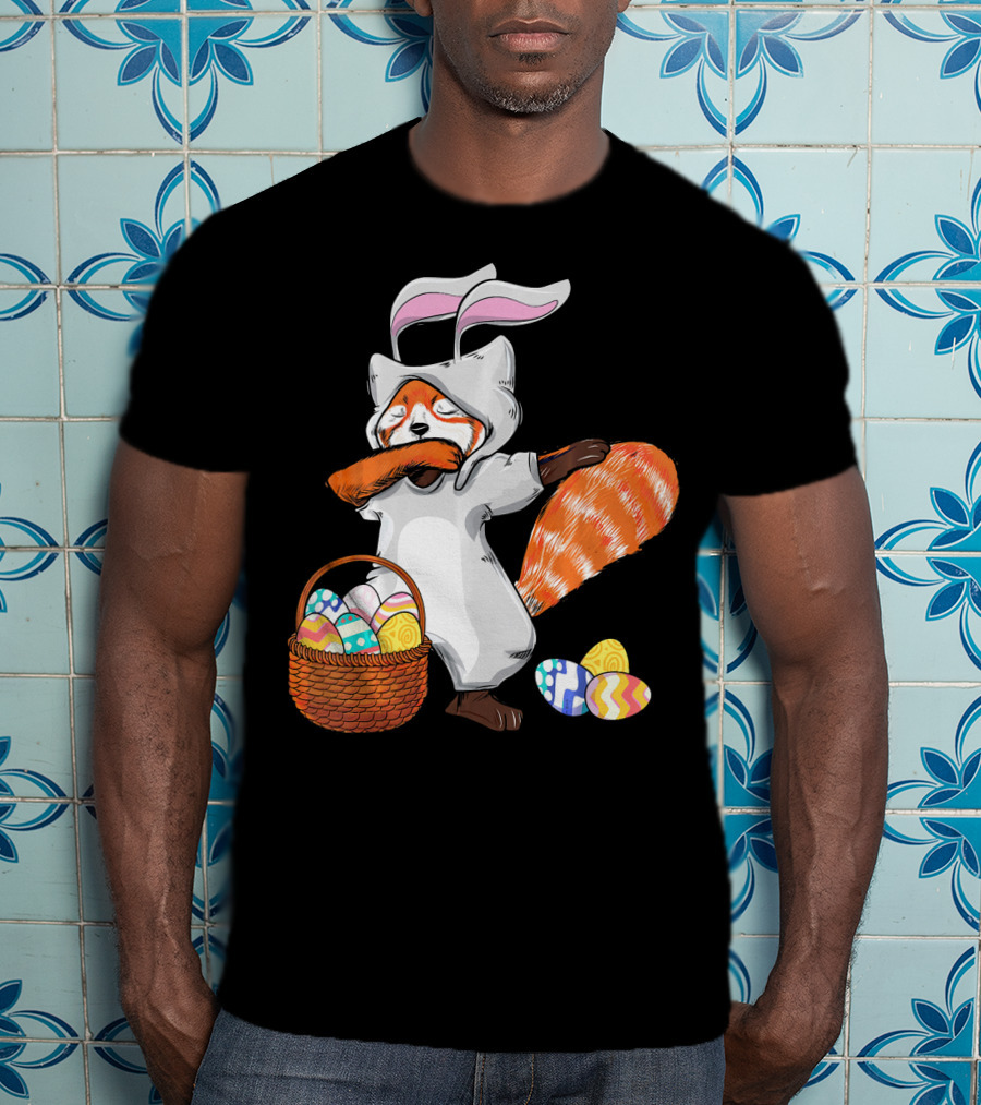 Dabbing Easter Bunny Red Panda With Basket Of Colorful Eggs T-Shirt