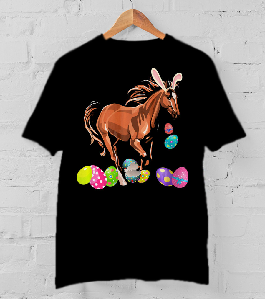 Horse With Bunny Ears Among Colorful Easter Eggs T-Shirt