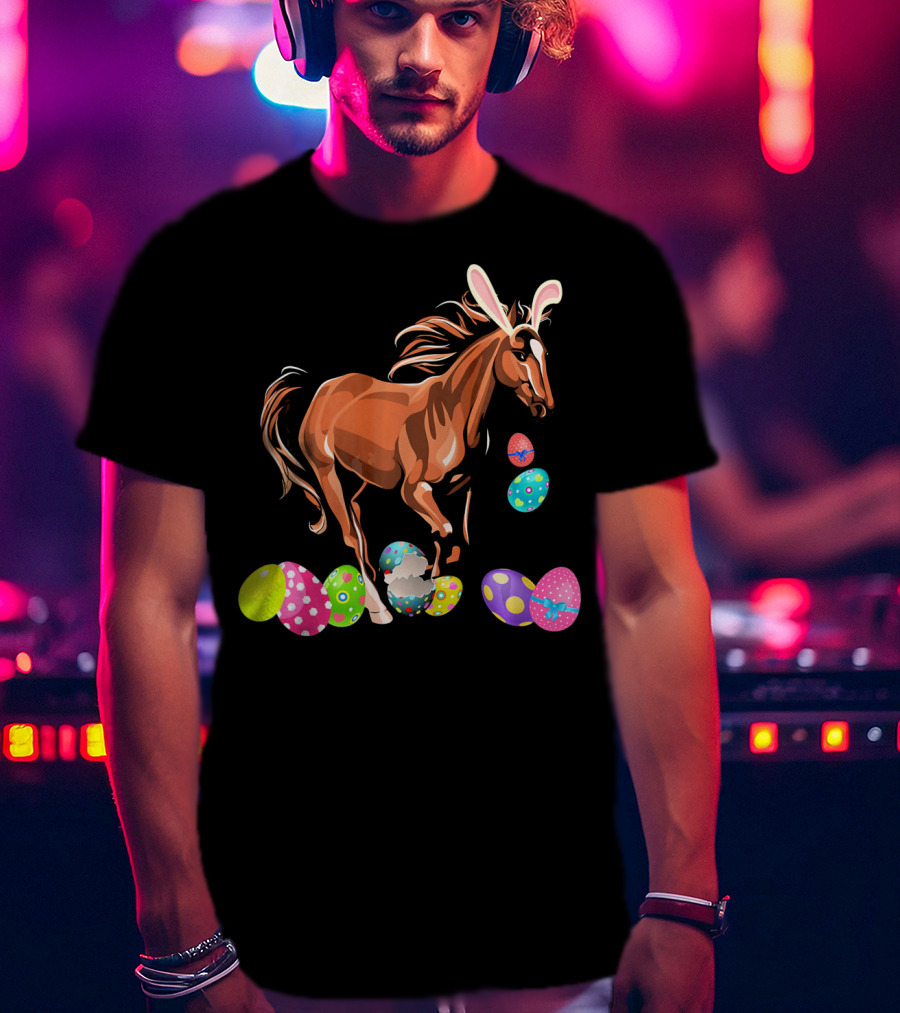 Horse With Bunny Ears Among Colorful Easter Eggs T-Shirt
