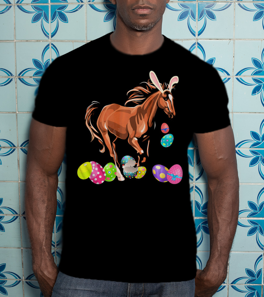 Horse With Bunny Ears Among Colorful Easter Eggs T-Shirt