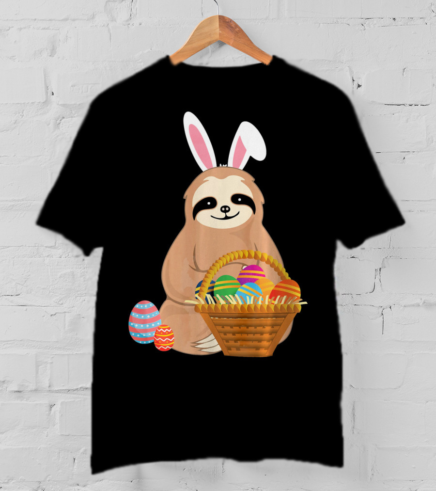 Easter Sloth Bunny With Colorful Eggs Basket T-Shirt