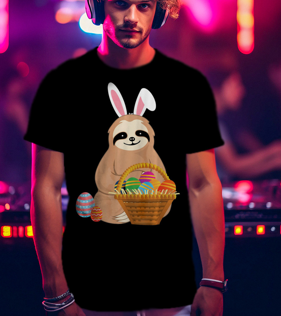 Easter Sloth Bunny With Colorful Eggs Basket T-Shirt