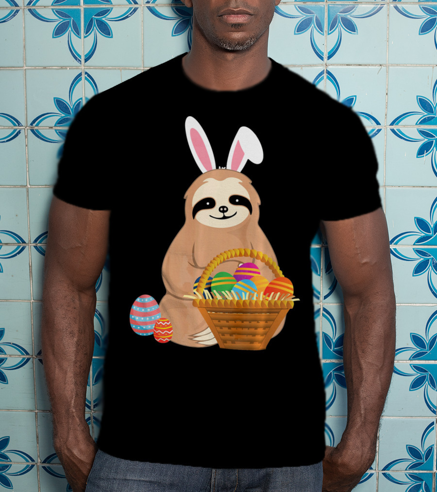Easter Sloth Bunny With Colorful Eggs Basket T-Shirt