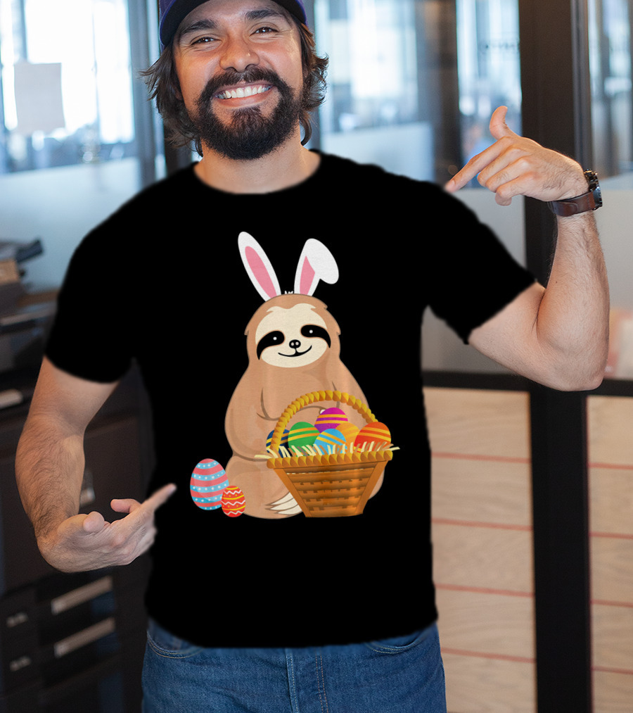 Easter Sloth Bunny With Colorful Eggs Basket T-Shirt