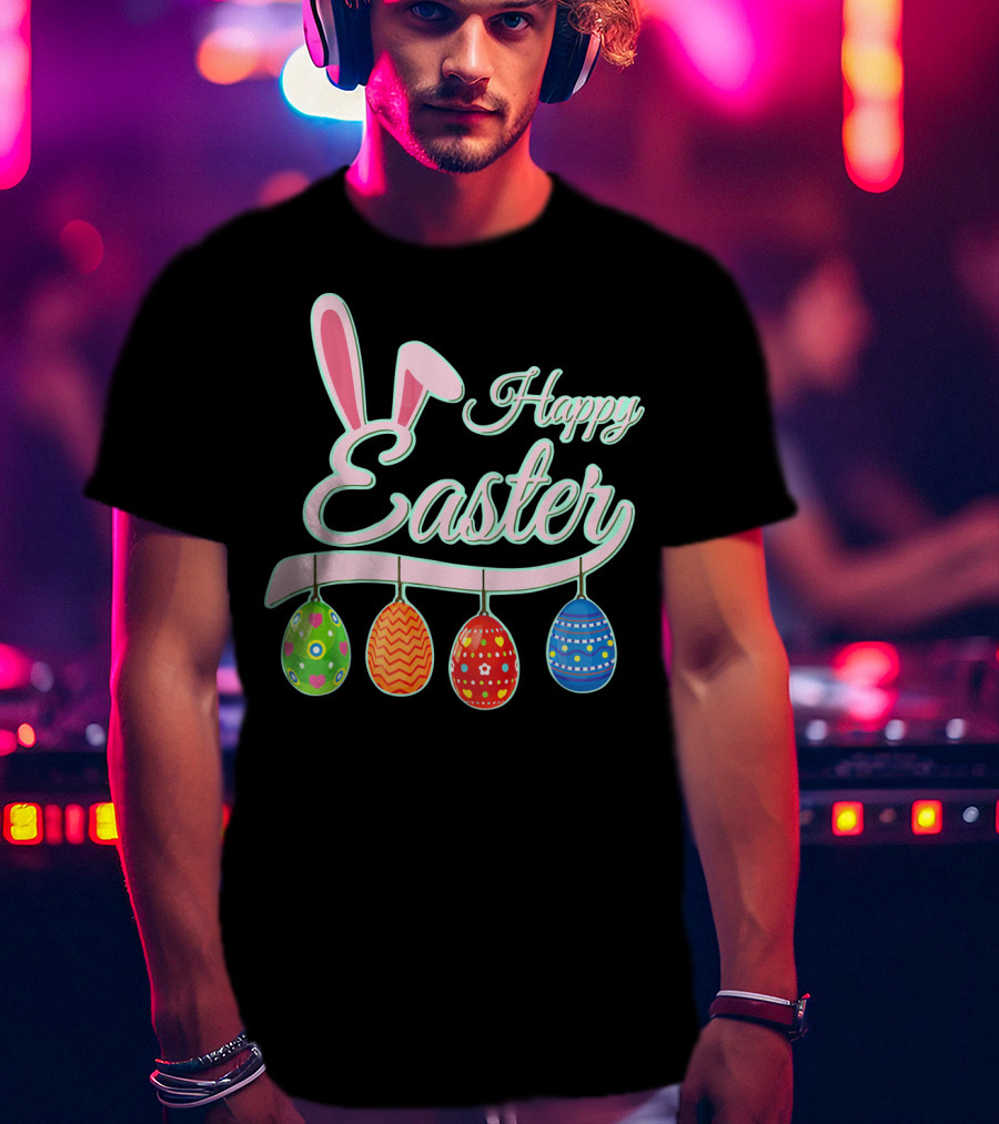 Happy Easter Bunny Ears Hanging Colorful Eggs T-Shirt