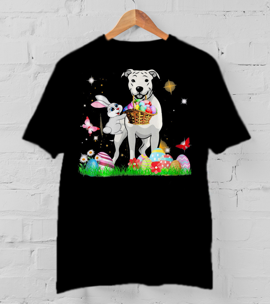 Easter Day Dogo Argentino With Bunny Basket Of Eggs And Butterflies T-Shirt