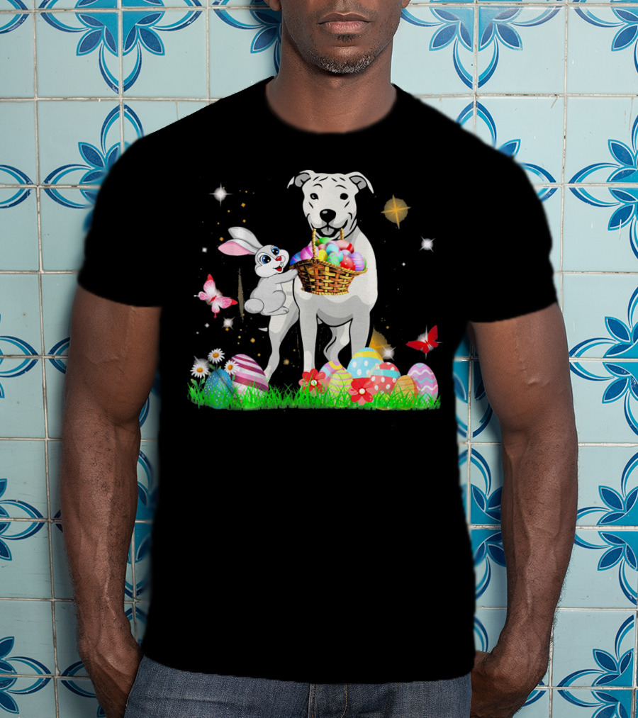 Easter Day Dogo Argentino With Bunny Basket Of Eggs And Butterflies T-Shirt