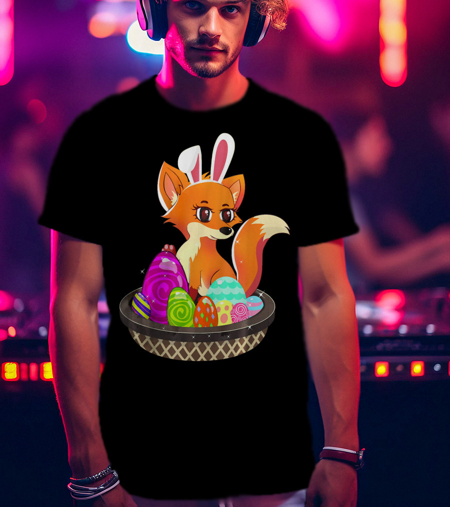 Easter Foxy Fox With Bunny Ears In Basket Of Colorful Eggs T-Shirt