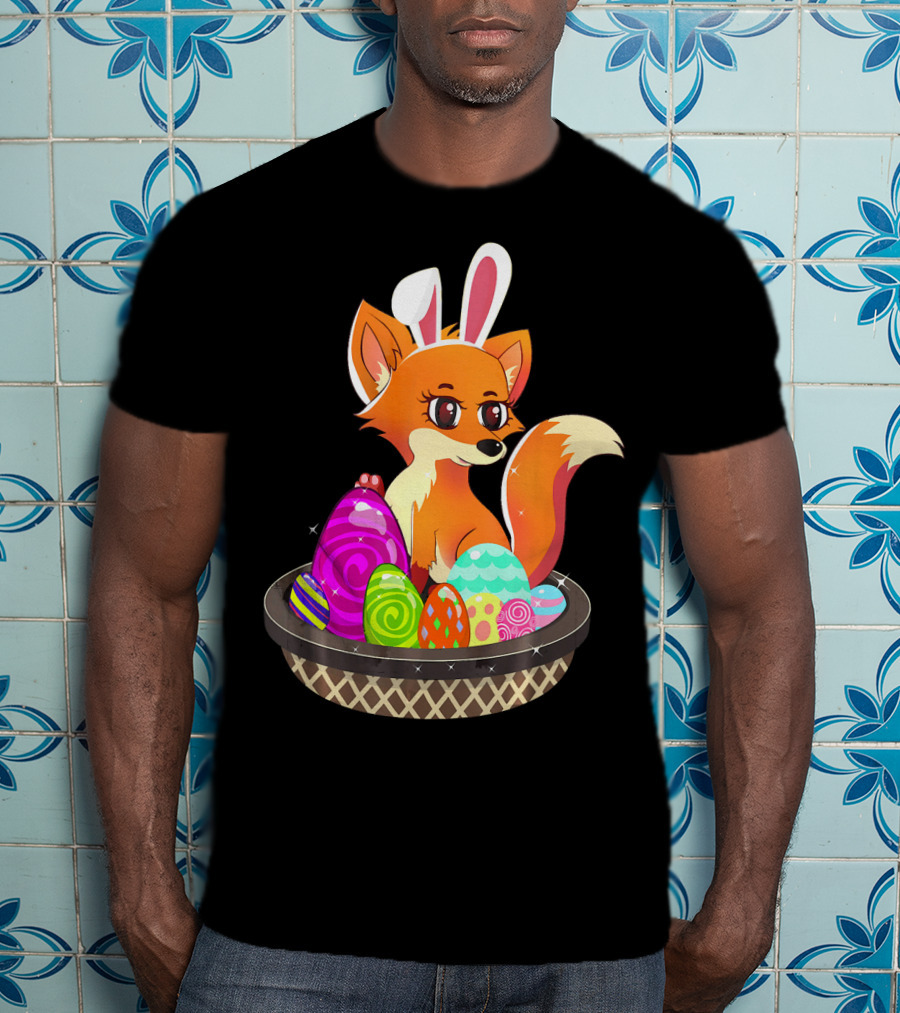 Easter Foxy Fox With Bunny Ears In Basket Of Colorful Eggs T-Shirt