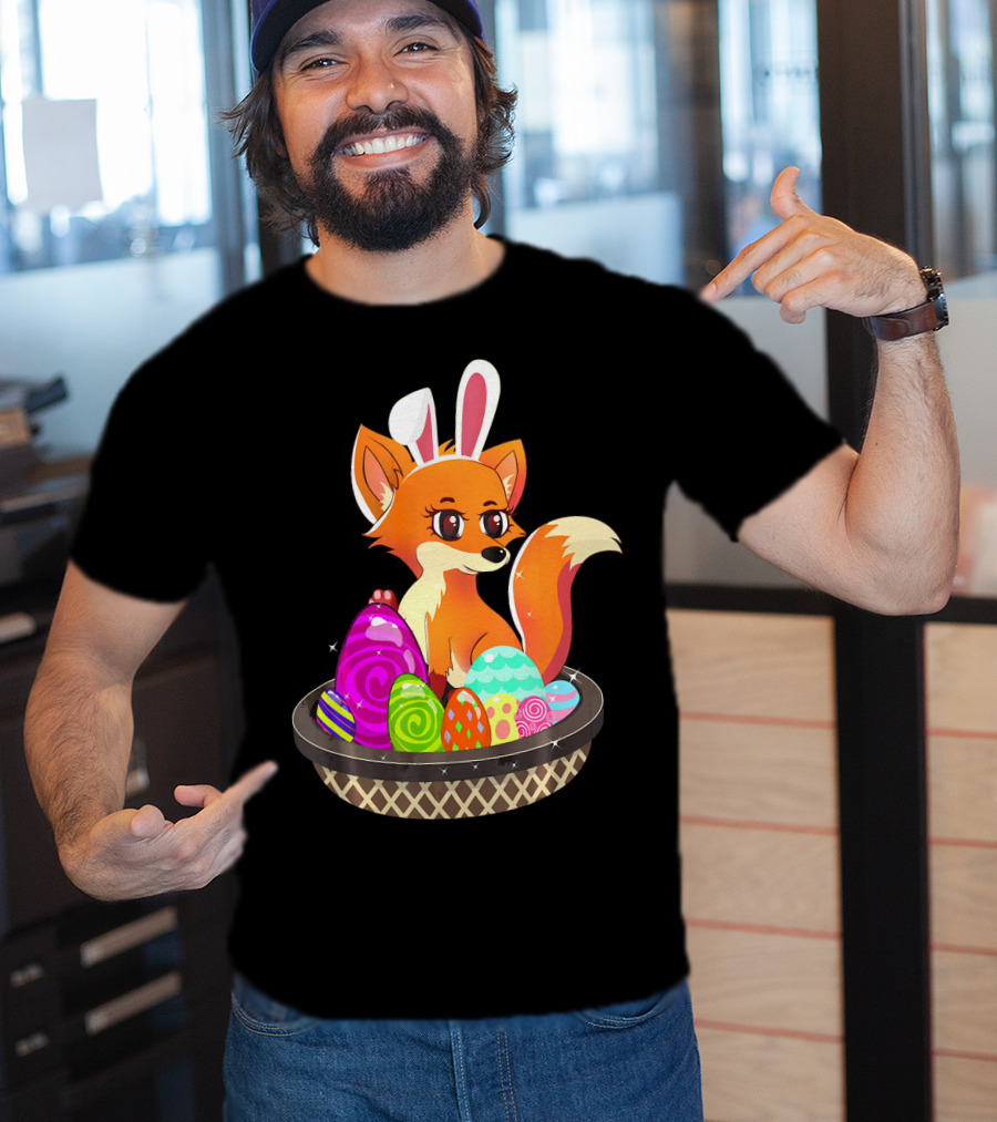 Easter Foxy Fox With Bunny Ears In Basket Of Colorful Eggs T-Shirt