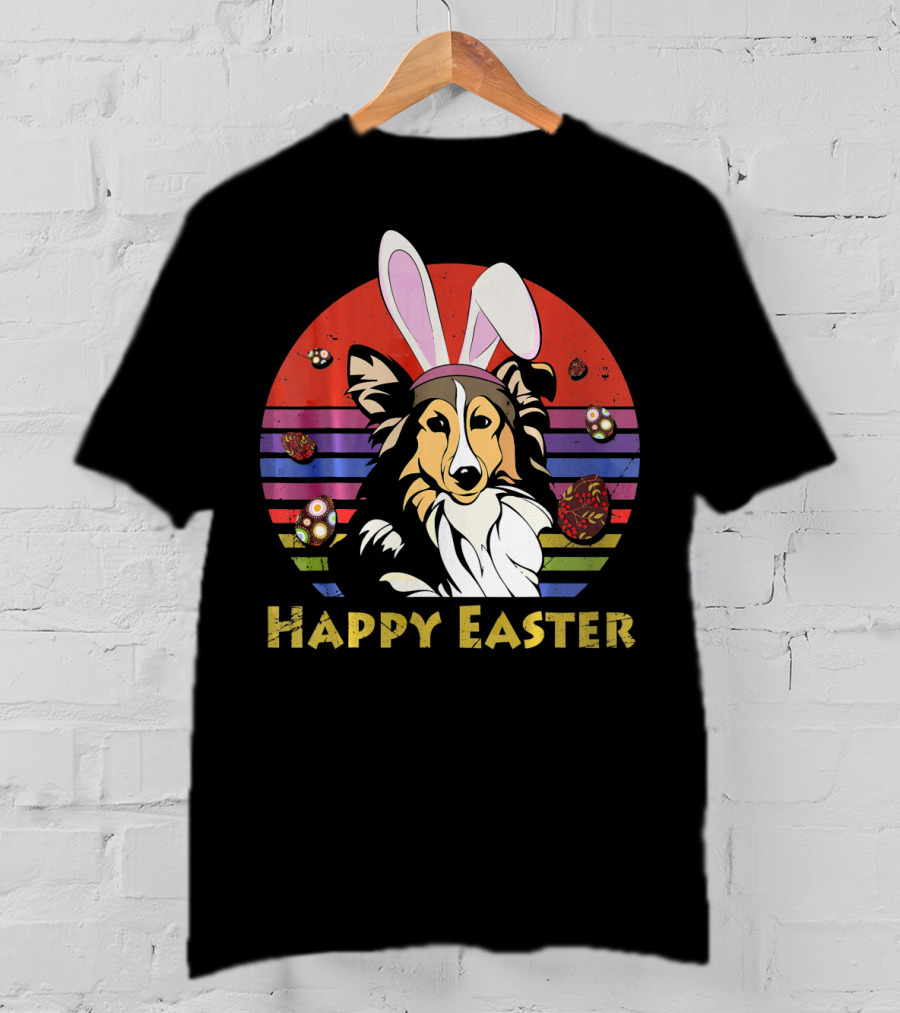Happy Easter Shetland Sheepdog With Bunny Headband And Colorful Eggs T-Shirt