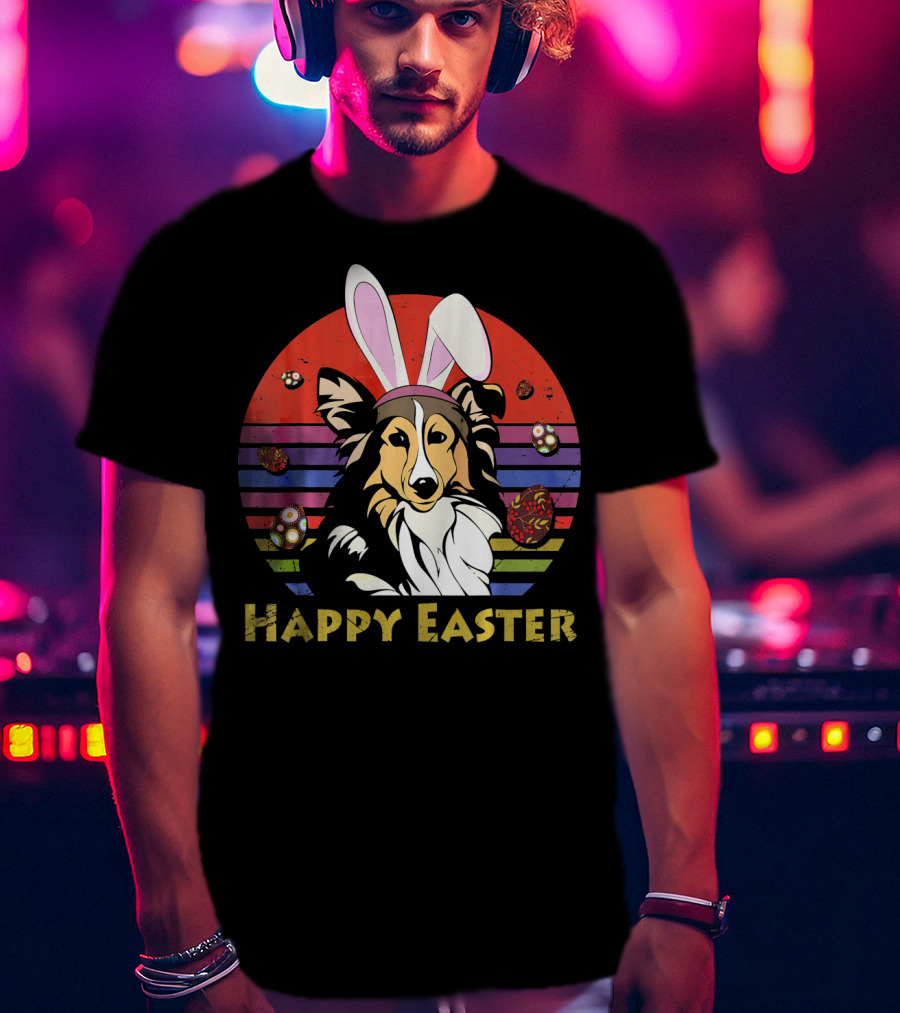 Happy Easter Shetland Sheepdog With Bunny Headband And Colorful Eggs T-Shirt