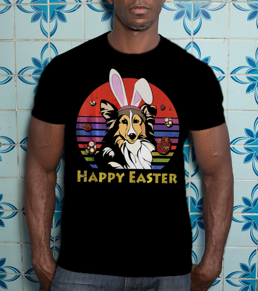 Happy Easter Shetland Sheepdog With Bunny Headband And Colorful Eggs T-Shirt