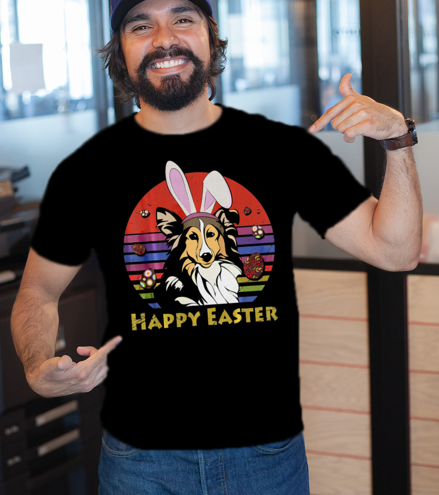 Happy Easter Shetland Sheepdog With Bunny Headband And Colorful Eggs T-Shirt
