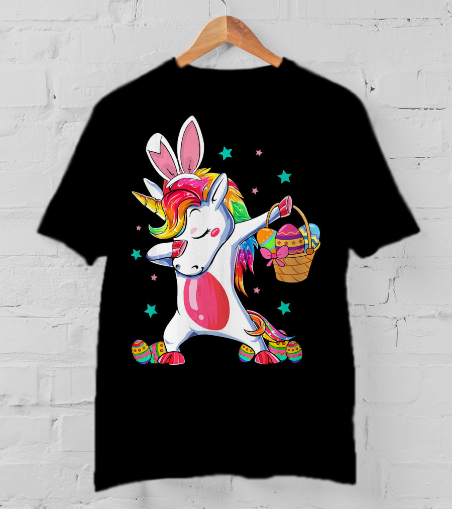 Dabbing Bunny Unicorn With Easter Basket And Eggs Funny Easter Day T-Shirt