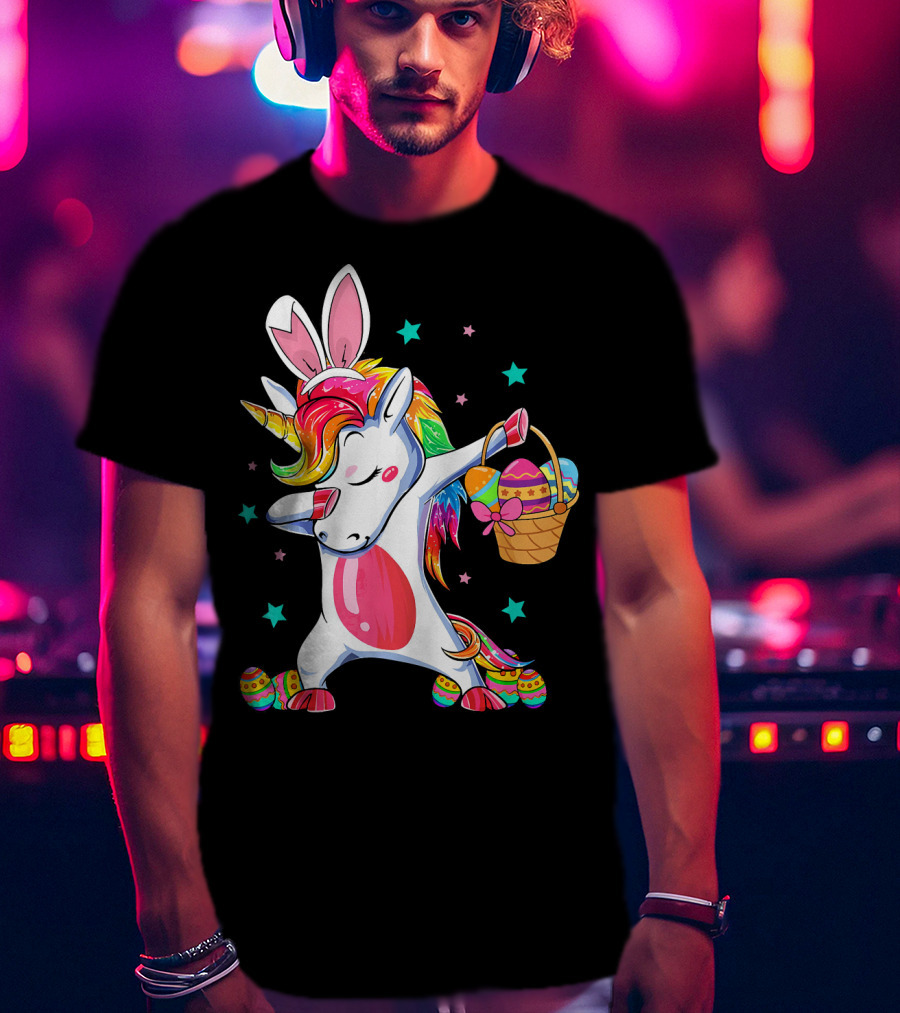Dabbing Bunny Unicorn With Easter Basket And Eggs Funny Easter Day T-Shirt