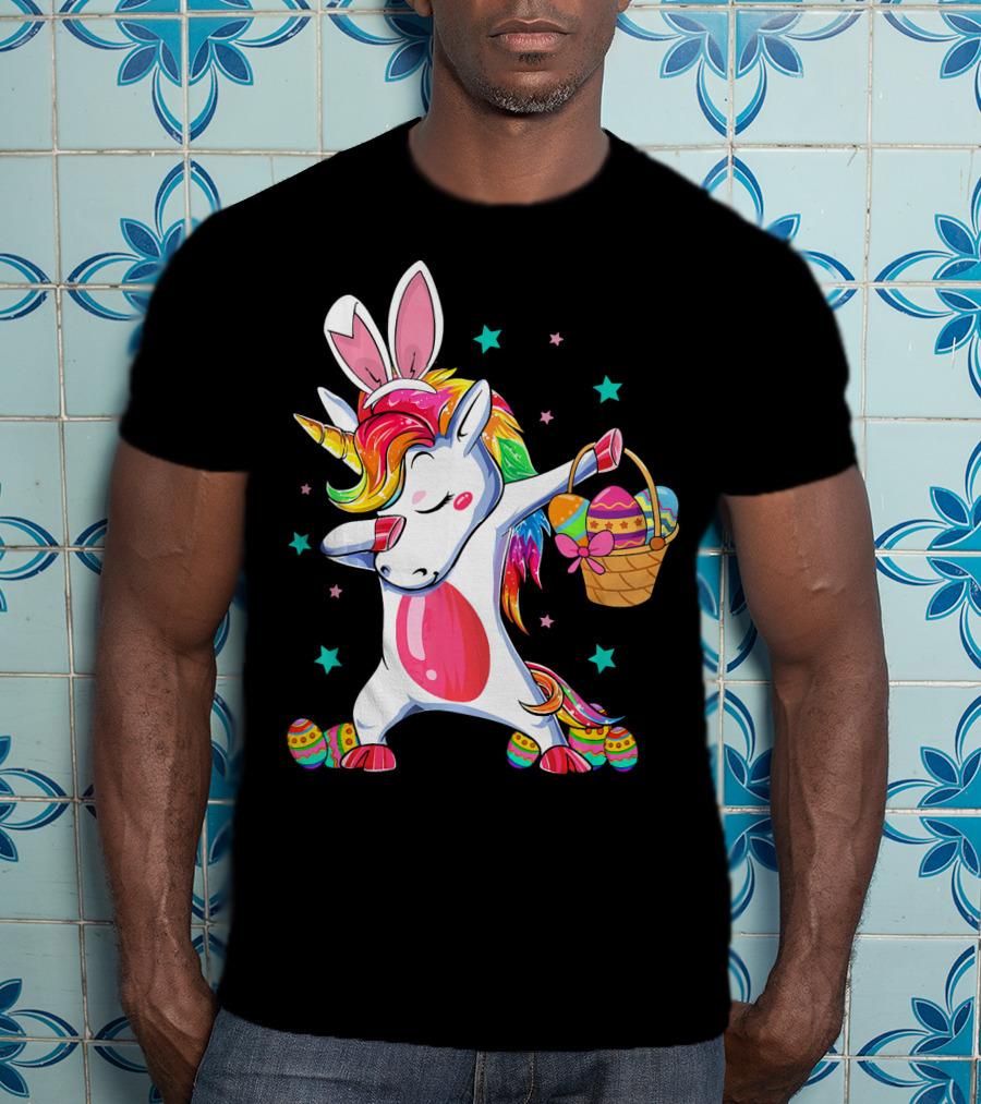 Dabbing Bunny Unicorn With Easter Basket And Eggs Funny Easter Day T-Shirt