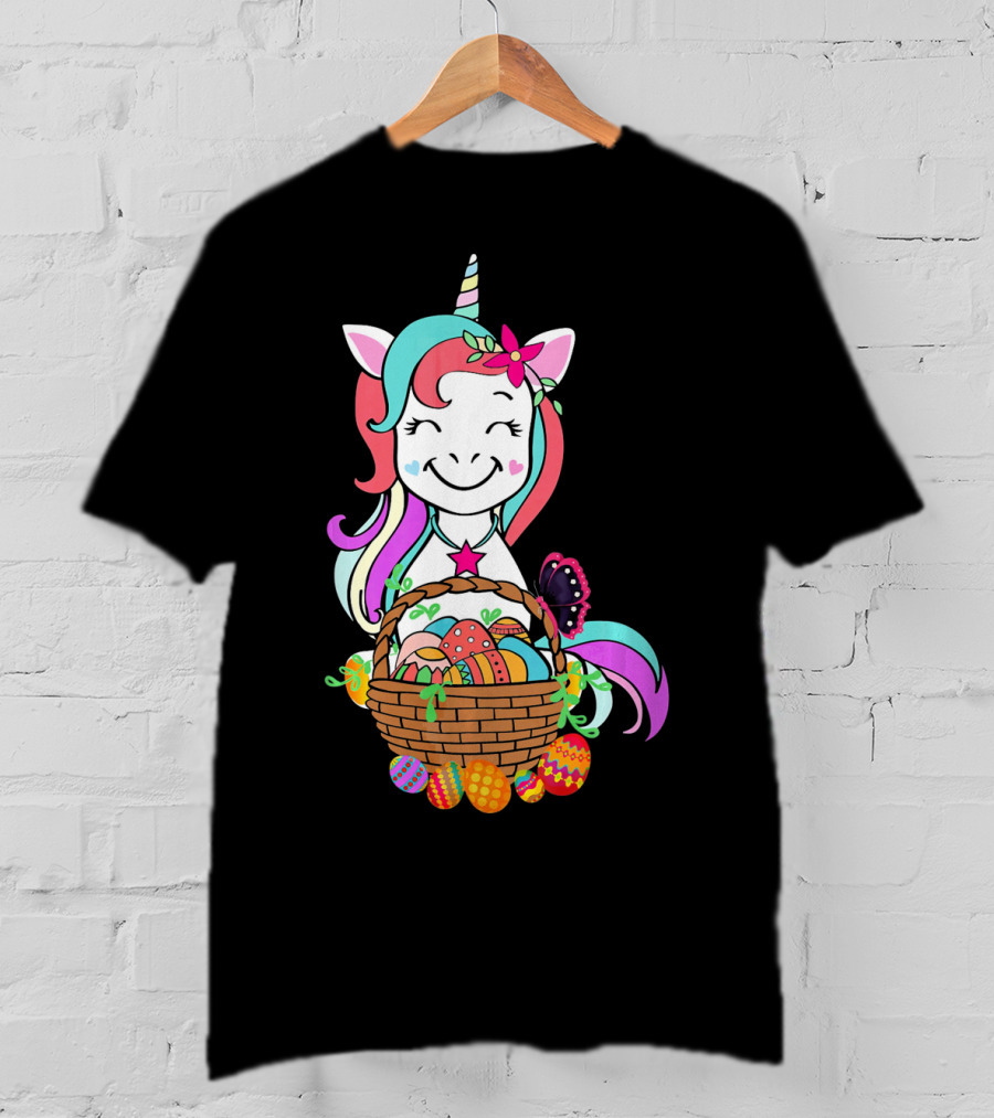 Unicorn Easter Basket With Colorful Eggs And Butterfly T-Shirt