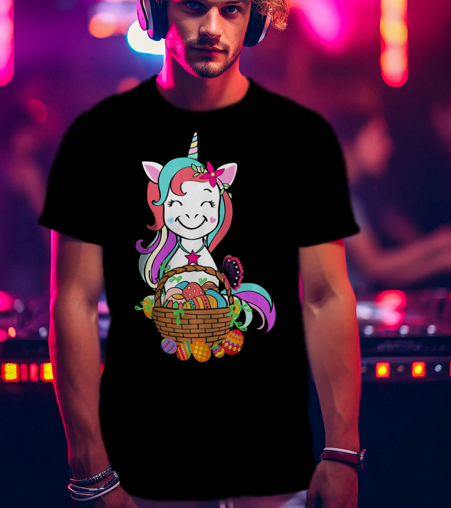 Unicorn Easter Basket With Colorful Eggs And Butterfly T-Shirt