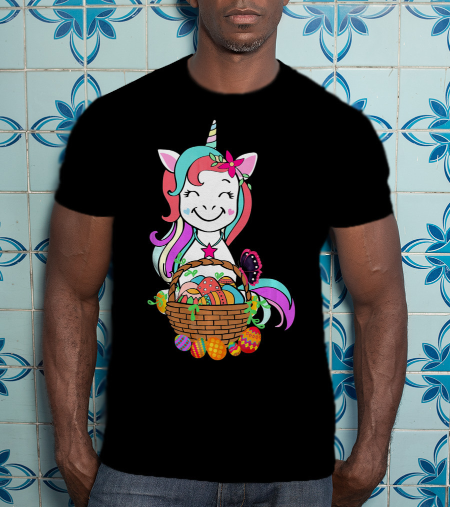 Unicorn Easter Basket With Colorful Eggs And Butterfly T-Shirt