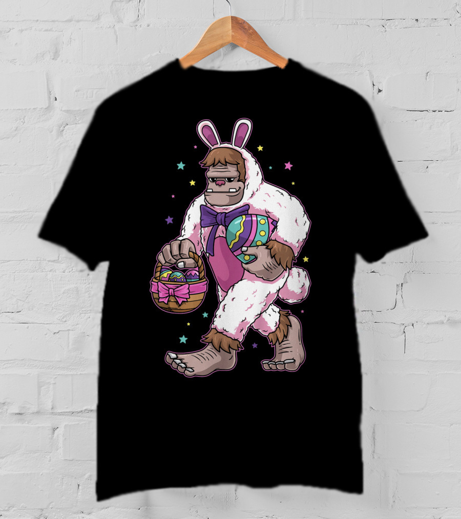 Kids Easter Bunny Bigfoot Sasquatch Basket Eggs Stars T-Shirt
